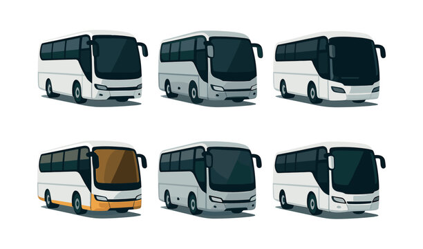 Bus collection, travel, transport vehicles, flat vector illustration