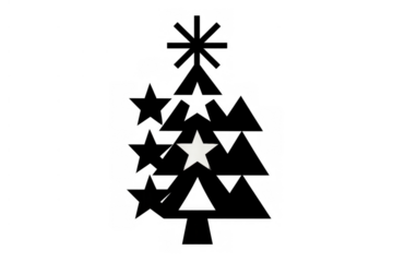 Minimalist black and white christmas tree icon presenting geometric stars and abstract festive holiday design