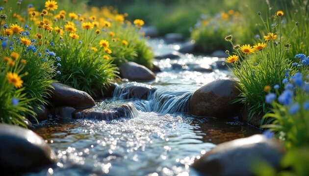 Clear water flows over rocks in small stream surrounded by green grass, colorful yellow, blue wildflowers. Sunlight sparkles on water surface, illuminates rich vegetation creating peaceful natural