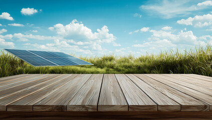 Wooden table top in foreground with a blurred field of green grass and an elevated solar panel under a blue sky with white clouds, capturing renewable energy.