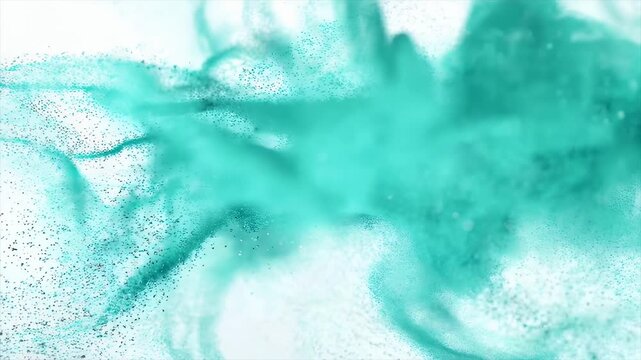 ターコイズグリーンの粒子の雲を突き抜けるカメラ