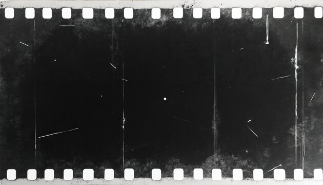 Old film strip with perforations and scratches. Empty dark frame border with grunge texture overlay. Vintage cinema background for retro designs.