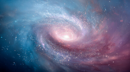 Fototapeta premium Vibrant spiral galaxy in deep outer space, featuring a bright center, and swirling arms of blue and pink nebula dust.