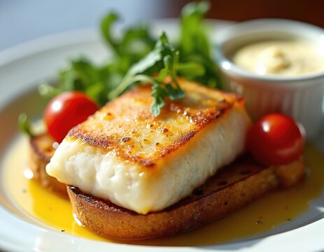 Poached monkfish fillet with crispy sear rests on toasted bread. Served with fresh greens, cherry tomatoes, and creamy sauce. Fine dining seafood dish.