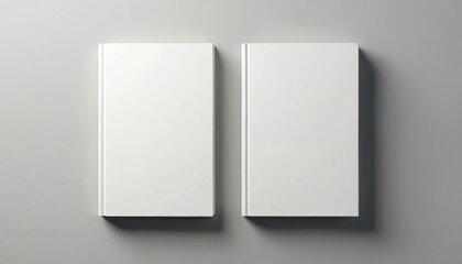 Fototapeta premium Two white blank hardcover books rest side by side on a plain gray surface. Ideal for mockups, these empty books offer ample space for custom cover designs, titles, or branding.