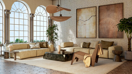 Obraz premium Large luxury modern bright interiors Living room mockup illustration 3D rendering image