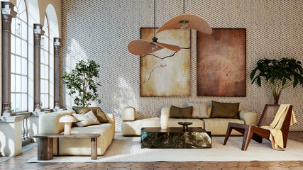 Naklejka premium Large luxury modern bright interiors Living room mockup illustration 3D rendering image