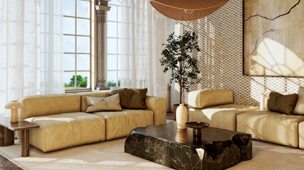 Naklejka premium Large luxury modern bright interiors Living room mockup illustration 3D rendering image