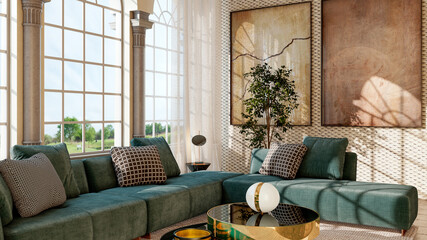 Naklejka premium Large luxury modern bright interiors Living room mockup illustration 3D rendering image