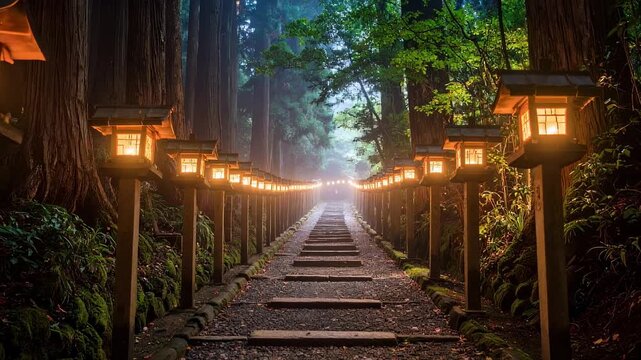 灯籠の明かりが続く霧の参道 霧の揺らぎ 幻想的