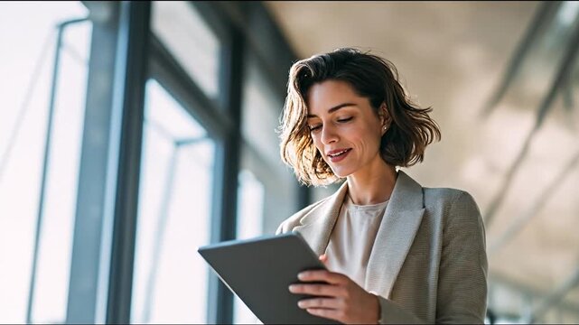 Smiling woman in blazer looks at tablet in bright airy modern building