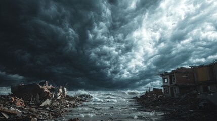 Devastating aftermath of a coastal storm, ravaged buildings and stormy sky
