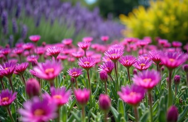 Obraz premium Vibrant field full of pink and purple blooming flowers under bright daylight. Rich green foliage covers ground. Soft focus background shows more plants. Perfect for nature themes.
