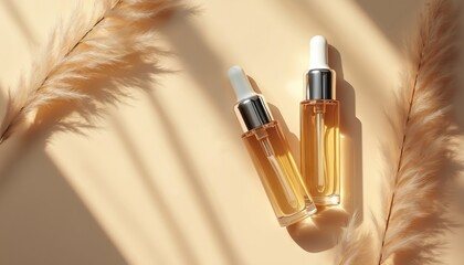 Two glass serum bottles with droppers rest on beige surface. Pampas grass plumes cast shadows, sunlight illuminates product. Minimalist beauty concept with skincare items.