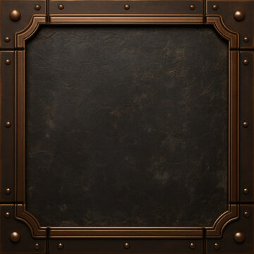 Dark graphite leather mockup with bronze metallic frame and rivets for steampunk book cover, game interface, or premium branding design