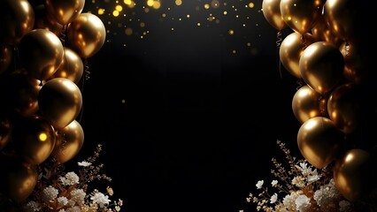 Golden balloons frame with bokeh lights on dark background