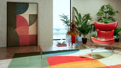 Naklejka premium Large luxury modern bright interiors Living room mockup illustration 3D rendering image