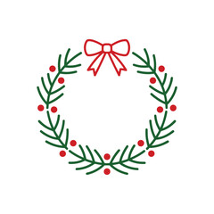 : A minimalist Christmas wreath with green pine branches, red berries, and a red bow © Lili