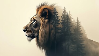 Lion profile merges with misty forest scene. Majestic animal head forms double exposure art with dark evergreen trees. Creative nature wildlife concept.