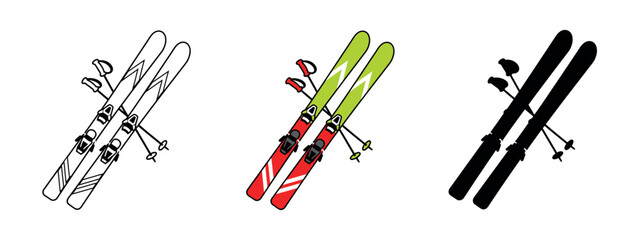 A set of red and green skis and poles, minimalistic vector design.