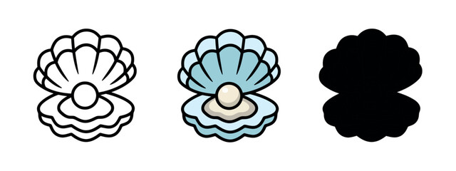 : A stylized oyster shell with a pearl inside, shown in three variations: outline, blue, and black. Representing luxury and marine life.