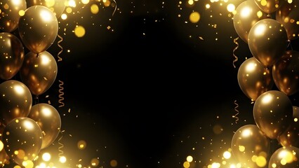 Celebration with golden balloons and confetti on black background
