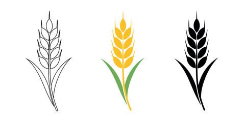 A minimalist illustration of a wheat plant, depicted in three variations: outline, yellow, and black. Symbolizing growth and agriculture.
