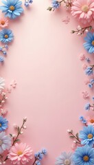 Fototapeta premium Soft pink and blue flowers create border. Delicate petals and blossoms arranged on light pink background. Empty space for text. Romantic spring floral arrangement. Beautiful botanical backdrop.