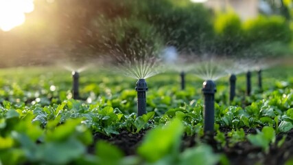 Agricultural irrigation sprinklers watering rows of young green vegetable plants in a field. Beautiful sunlight creates a warm glow in the background