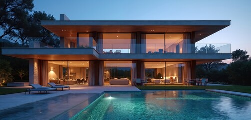 Modern villa with swimming pool glows at dusk. Large glass windows reveal interior spaces. Outdoor seating area and loungers complete luxury estate. Lush green trees surround the home.