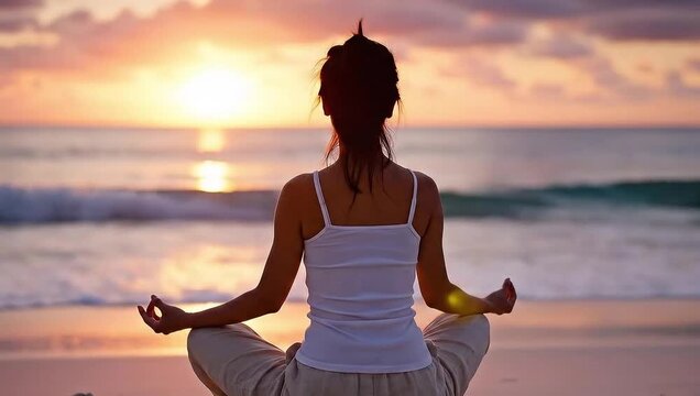 Woman meditating in lotus position on the beach at sunset, practicing yoga and mindfulness with the sun shining over the ocean waves in the background - Powered by Adobe