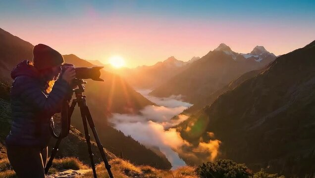 Female photographer with professional camera on tripod capturing golden hour light over misty mountains and river valley
