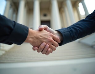 Man and official shake hands outside courthouse building. Two men firm grip symbolize trust, agreement, and community relations. Partnership achieved, justice system and citizen connect.