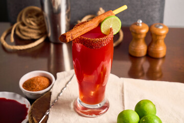 Michelada, typical mexican cocktail made with beer and tomato juice