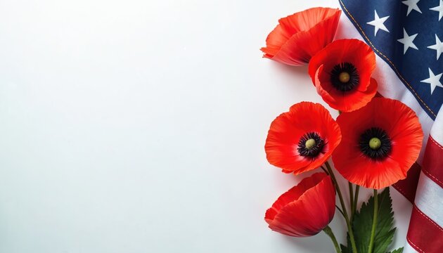 Red poppies bloom beside an American flag. This patriotic floral arrangement signifies remembrance and honor for fallen soldiers and national holidays.