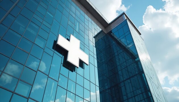 Modern glass hospital building exterior with large white cross emblem. Reflective facade shows sky and clouds. Focus on healthcare infrastructure and medical advancement in urban setting.