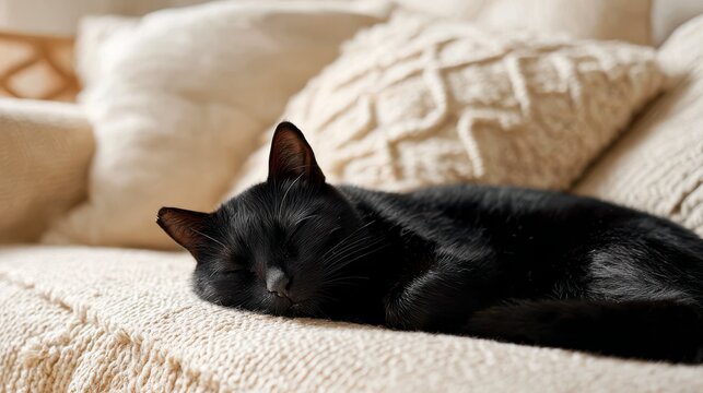 Serene Catnap: A sleek black cat enjoys a peaceful nap on a plush sofa, embraced by soft cushions, embodying tranquility and domestic bliss.