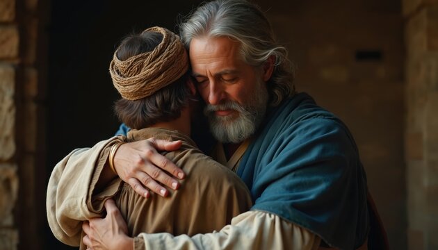 Elderly father embraces his returning son with love. A biblical story of forgiveness and reconciliation. Older man holds younger man closely, accepting him back home after a long absence.