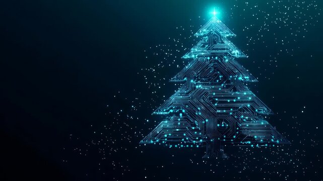 Christmas tree created from glowing circuit board lines and particles, representing technology and digital holiday concepts