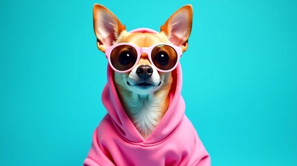 An adorable purebred chihuahua puppy wearing a blue shirt sits for a studio portrait against an isolated white background, looking like a cute and funny little domestic pet
