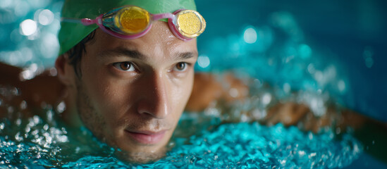 Close up of a swimmer wearing goggles and a green cap in a blue pool