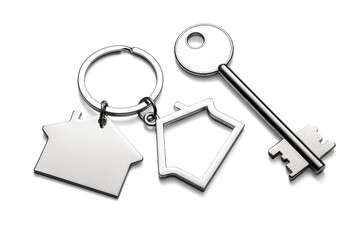 Silver keys with house keychain for home isolated on transparent white background