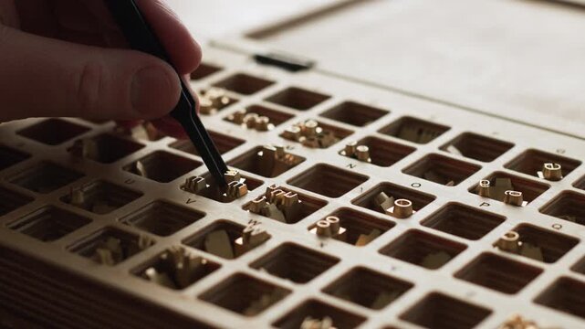 Brass alphabet letters in wooden tray with hand selecting type for custom hot stamping monograms and logo branding