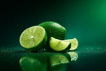 Juicy lime slices and whole lime with water droplets on green background