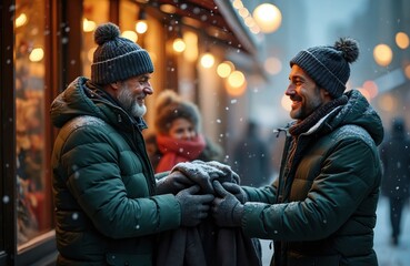 Obraz premium Men exchange warm coats on snowy street. People help needy during winter holidays. Kindness and generosity shown by neighbors celebrating season. Community spirit evident.