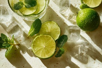 Juicy lime slices and whole lime with water droplets on green background