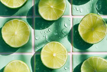 Fresh lime slices on green tile with water droplets in sunlight