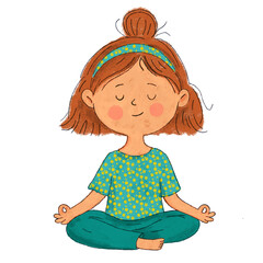 A peaceful illustration of a meditating young girl  for children&rsquo;s books, yoga posters, mindfulness activities, and calming wall art.