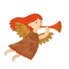 A whimsical illustration of a red-haired angel playing a vibrant orange trumpet for Christmas cards, children&rsquo;s books, posters, and festive seasonal designs.