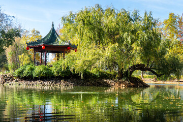 chinese pagoda in pond 